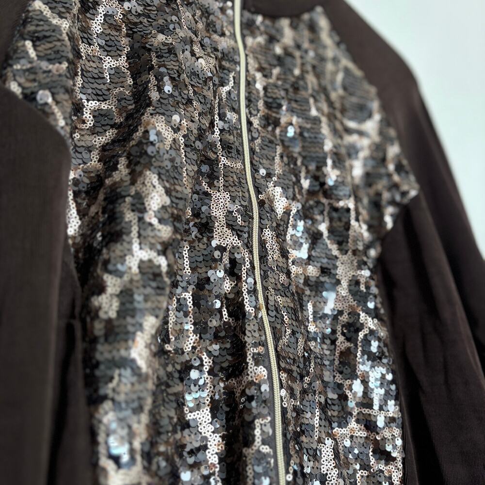 Chico’s Travelers Sequin Jacket Brown Animal Print Zip Up Size 3 (XL/16-18) - Picture 4 of 7